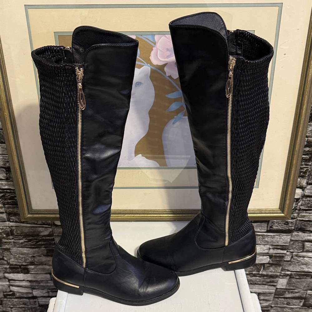 Black Knee-High Women's Boots features zipper on side and gold around the heels - Picture 1 of 11